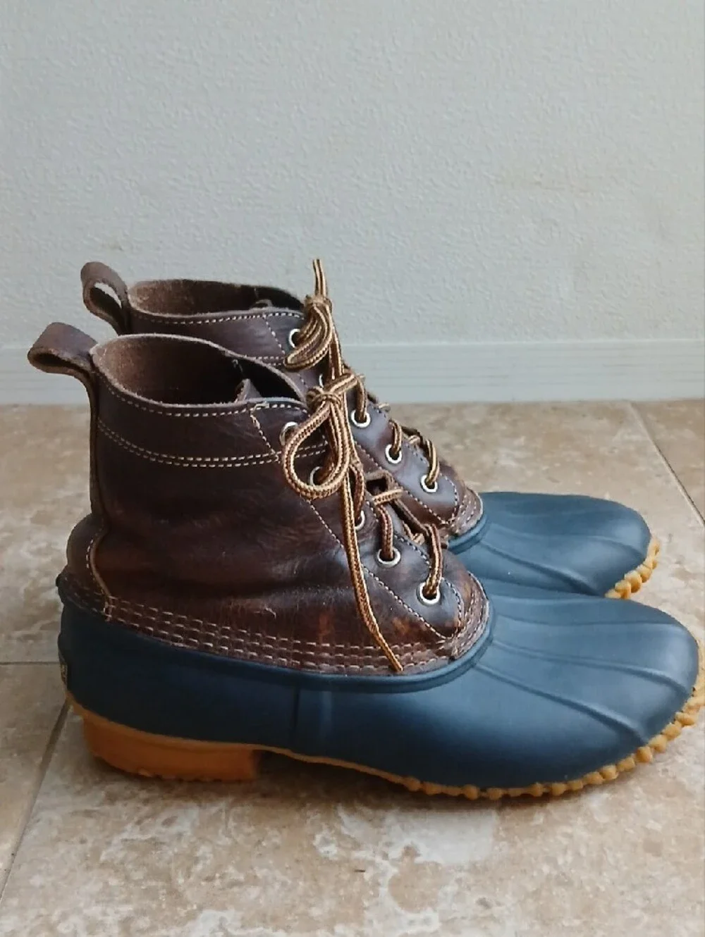 Eddie Bauer Brown Leather & Navy Rubber Duck Rain Chore Boots